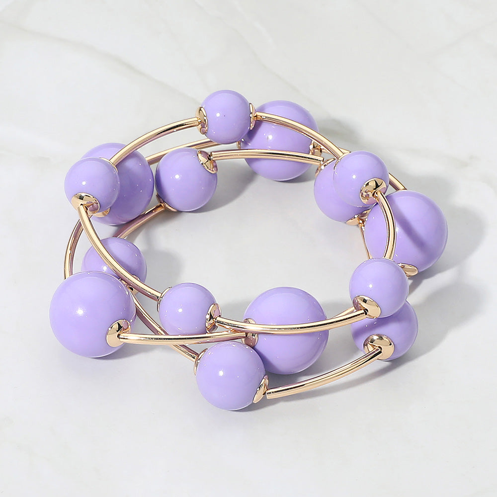 Madeline Love Gold, Lavender Resin Ball Metal Bar Beaded Stretch Stackable Multi Layered Bracelets