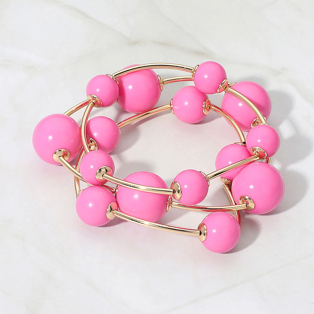 Madeline Love Gold, Pink Resin Ball Metal Bar Beaded Stretch Stackable Multi Layered Bracelets