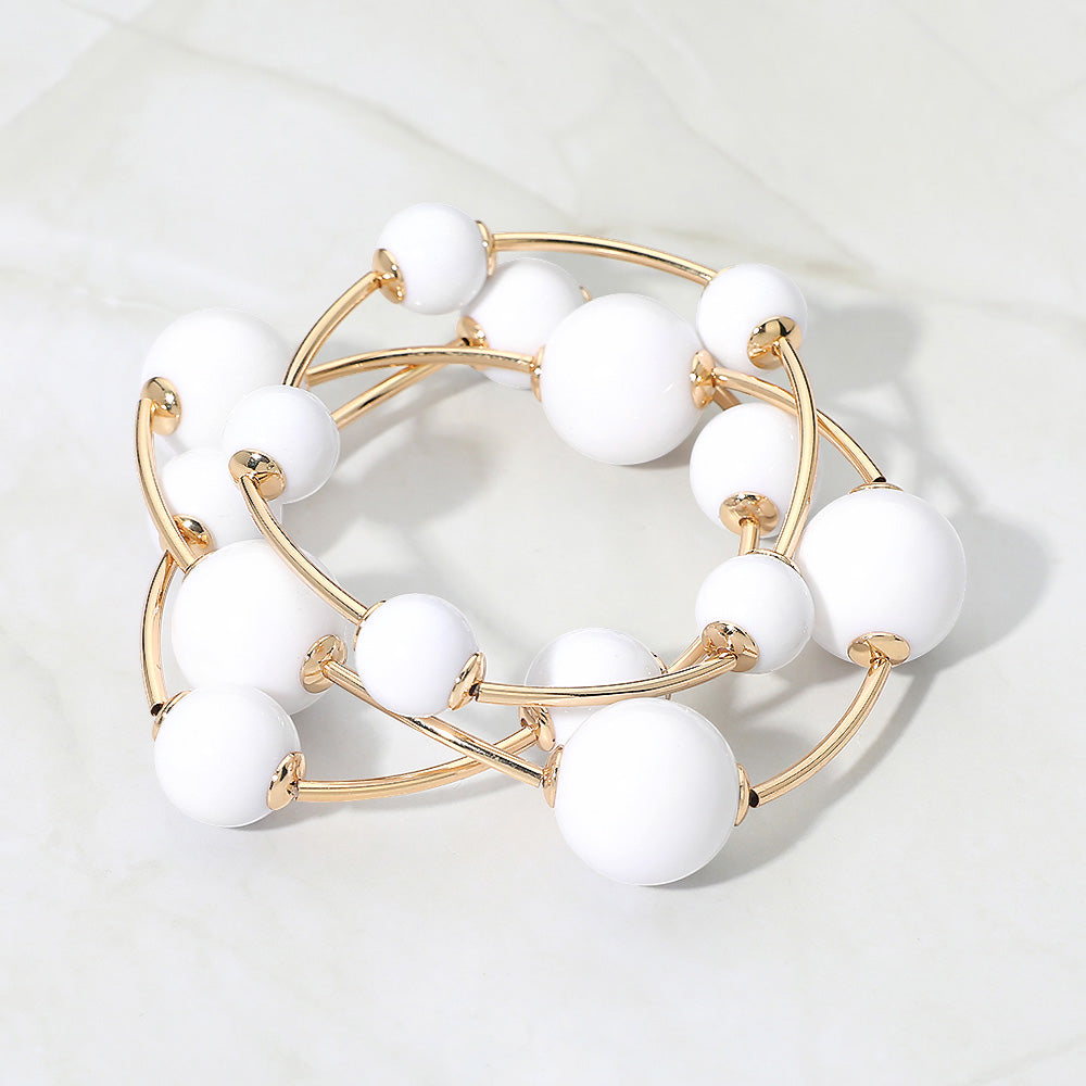 Madeline Love Gold, White Resin Ball Metal Bar Beaded Stretch Stackable Multi Layered Bracelets
