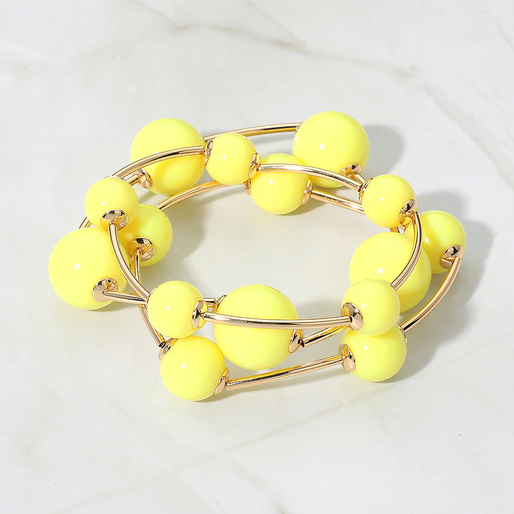 Madeline Love Gold, Yellow Resin Ball Metal Bar Beaded Stretch Stackable Multi Layered Bracelets