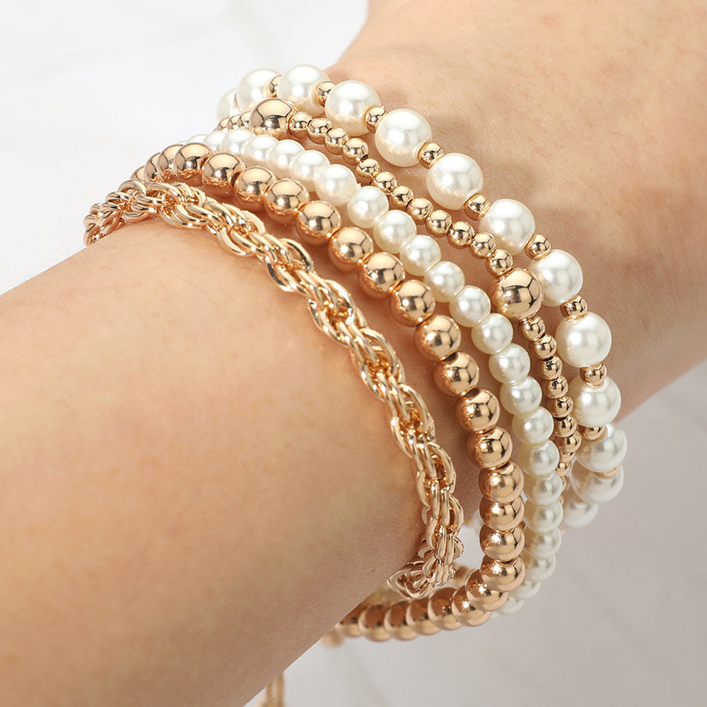 Madeline Love Gold 5PCS - Pearl Metal Beaded Twisted Chain Adjustable Stretch Multi Layered Bracelets