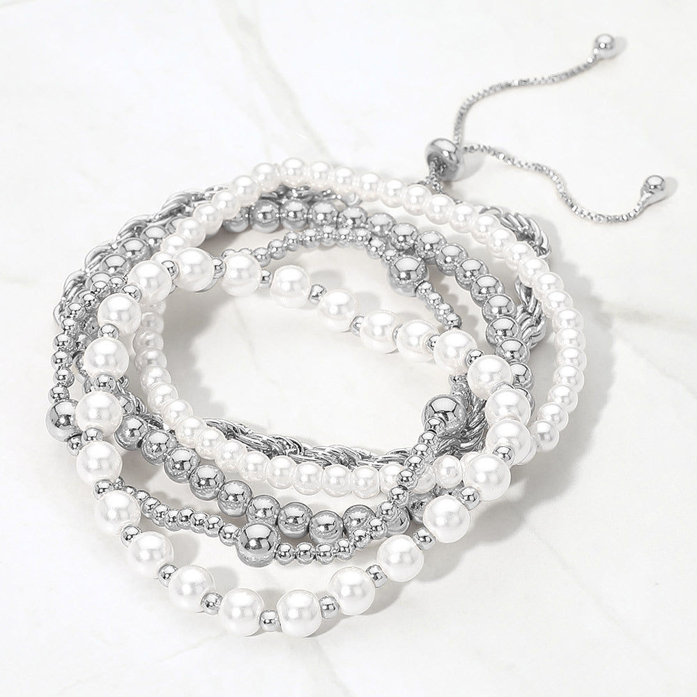Madeline Love Rhodium 5PCS - Pearl Metal Beaded Twisted Chain Adjustable Stretch Multi Layered Bracelets