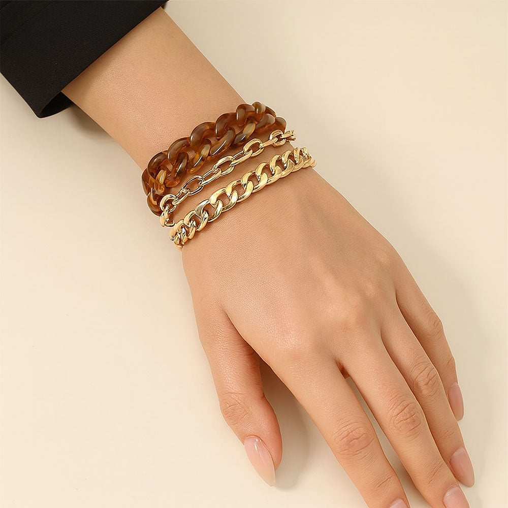 Madeline Love Brown, Gold 3PCS - Resin Metal Chain Link Multi Layered Bracelets