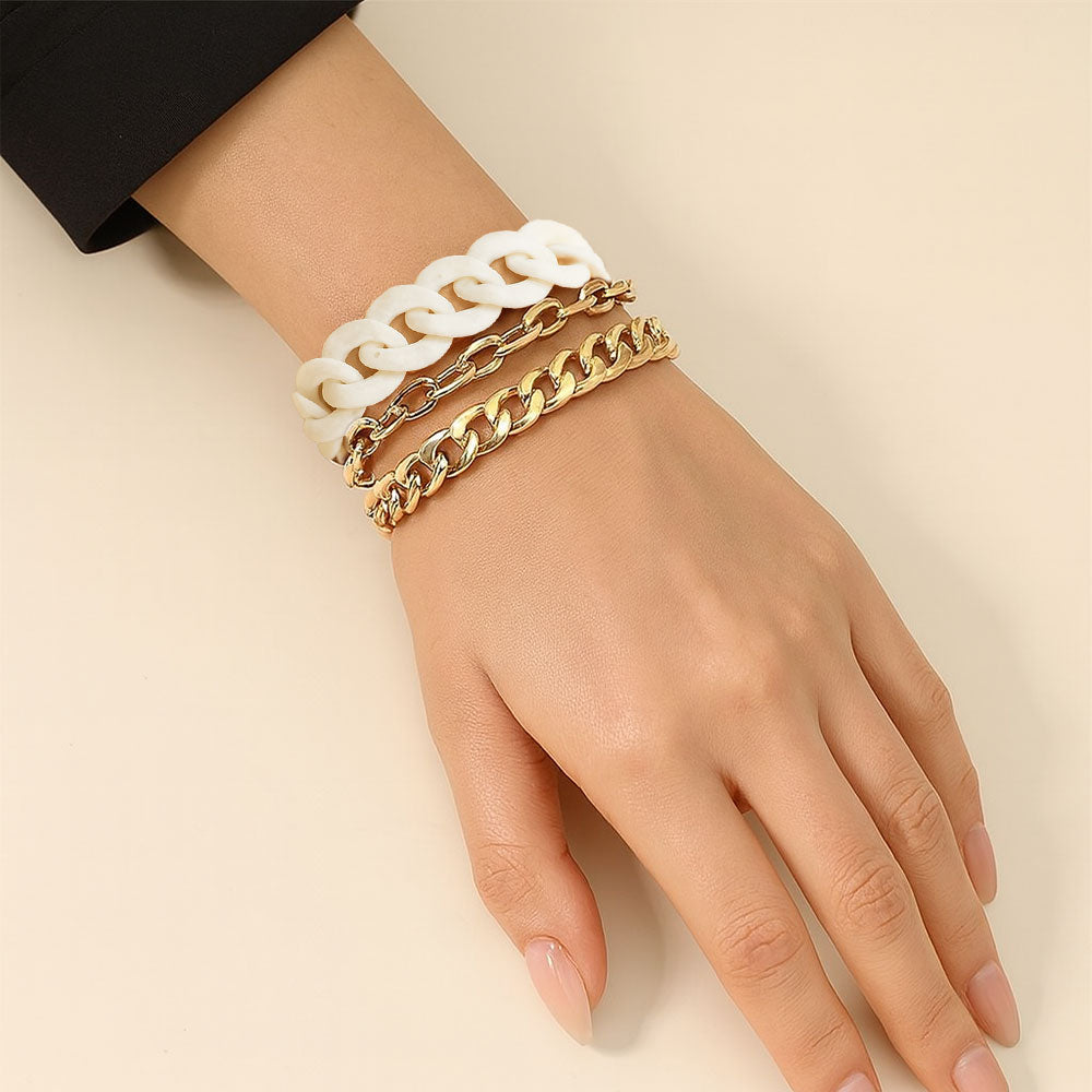 Madeline Love Cream, Gold 3PCS - Resin Metal Chain Link Multi Layered Bracelets
