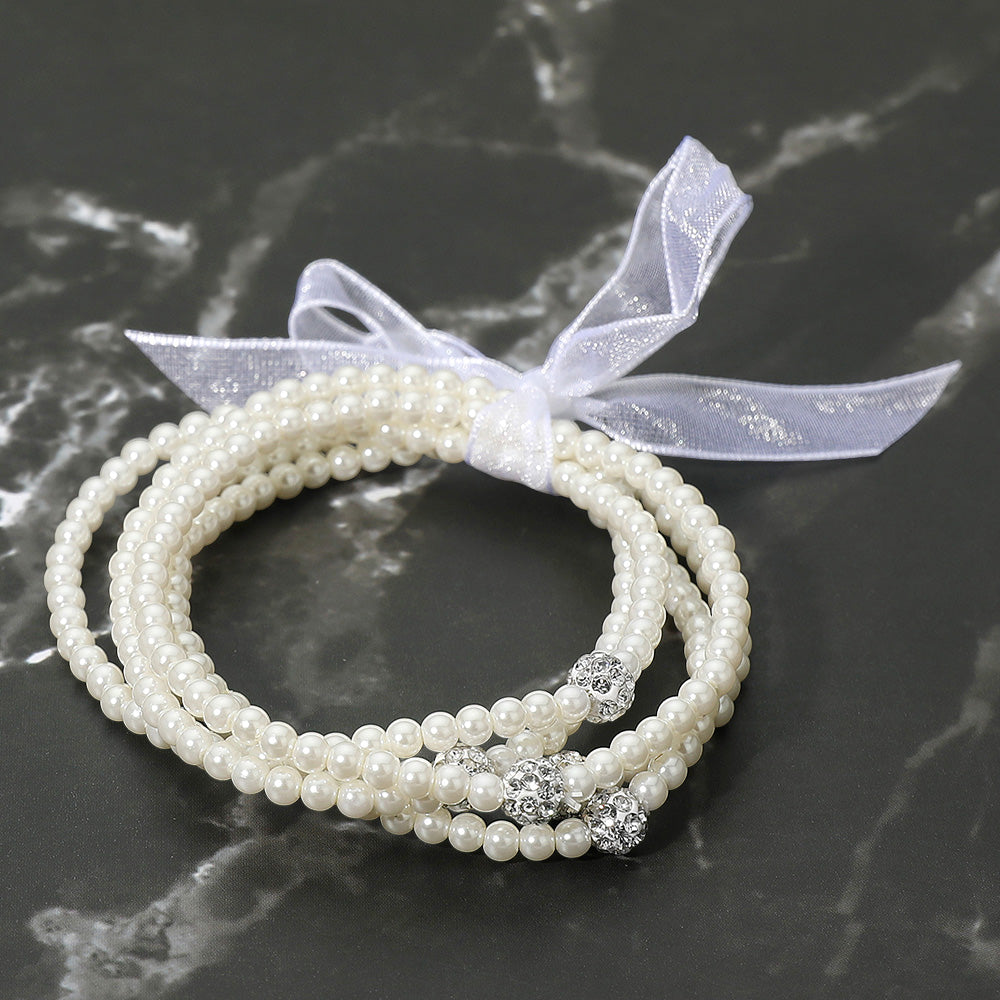Madeline Love Cream, Gold 5PCS - Shamballa Ball Accent Pearl Beaded Stretch Multi Layered Bracelets