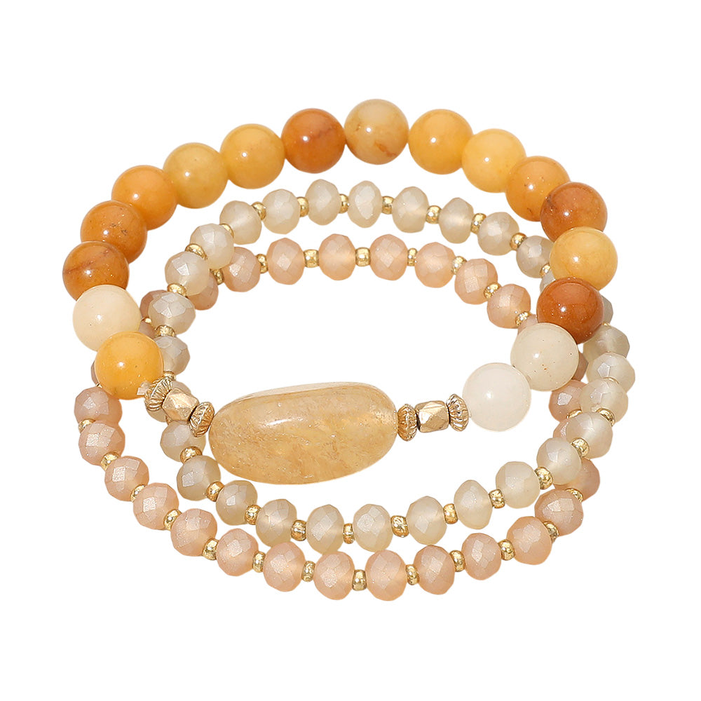 Madeline Love Multi, Neutral 3PCS - Semi Precious Stone Beaded Stretch Bracelets - desc