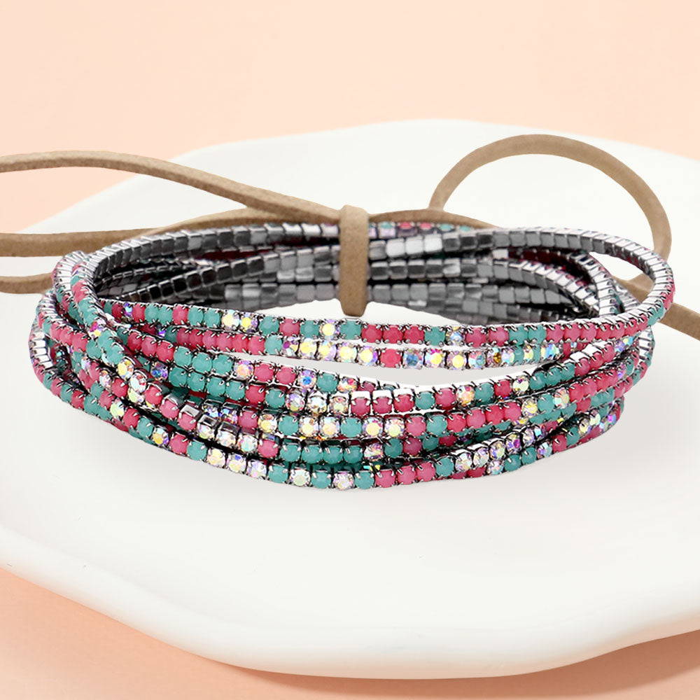Madeline Love AB, Hematite, Multi Ribbon Colorful Rhinestone Layered Stretch Bracelets