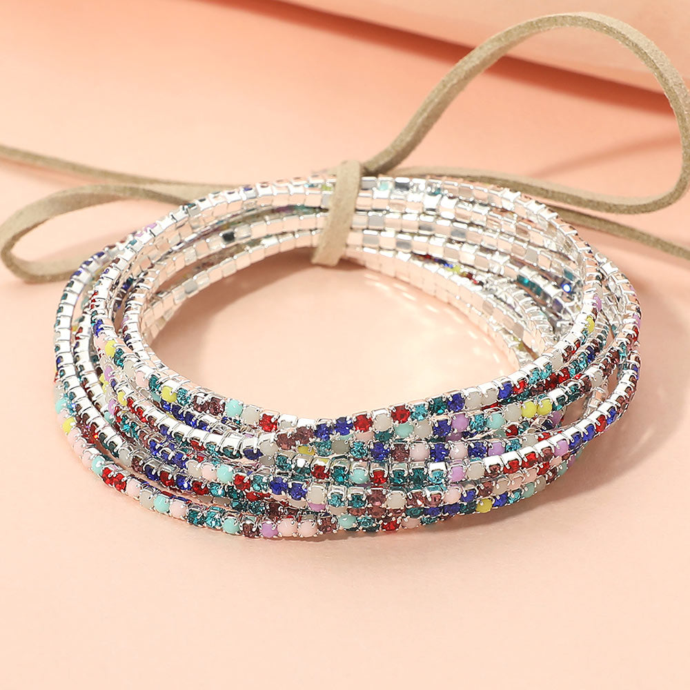 Madeline Love Multi, Silver Ribbon Colorful Rhinestone Layered Stretch Bracelets