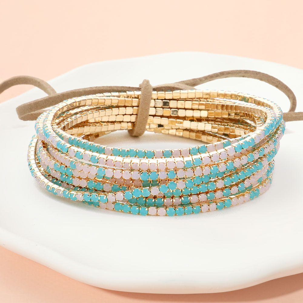 Madeline Love Blue, Gold, Pink Ribbon Colorful Rhinestone Layered Stretch Bracelets