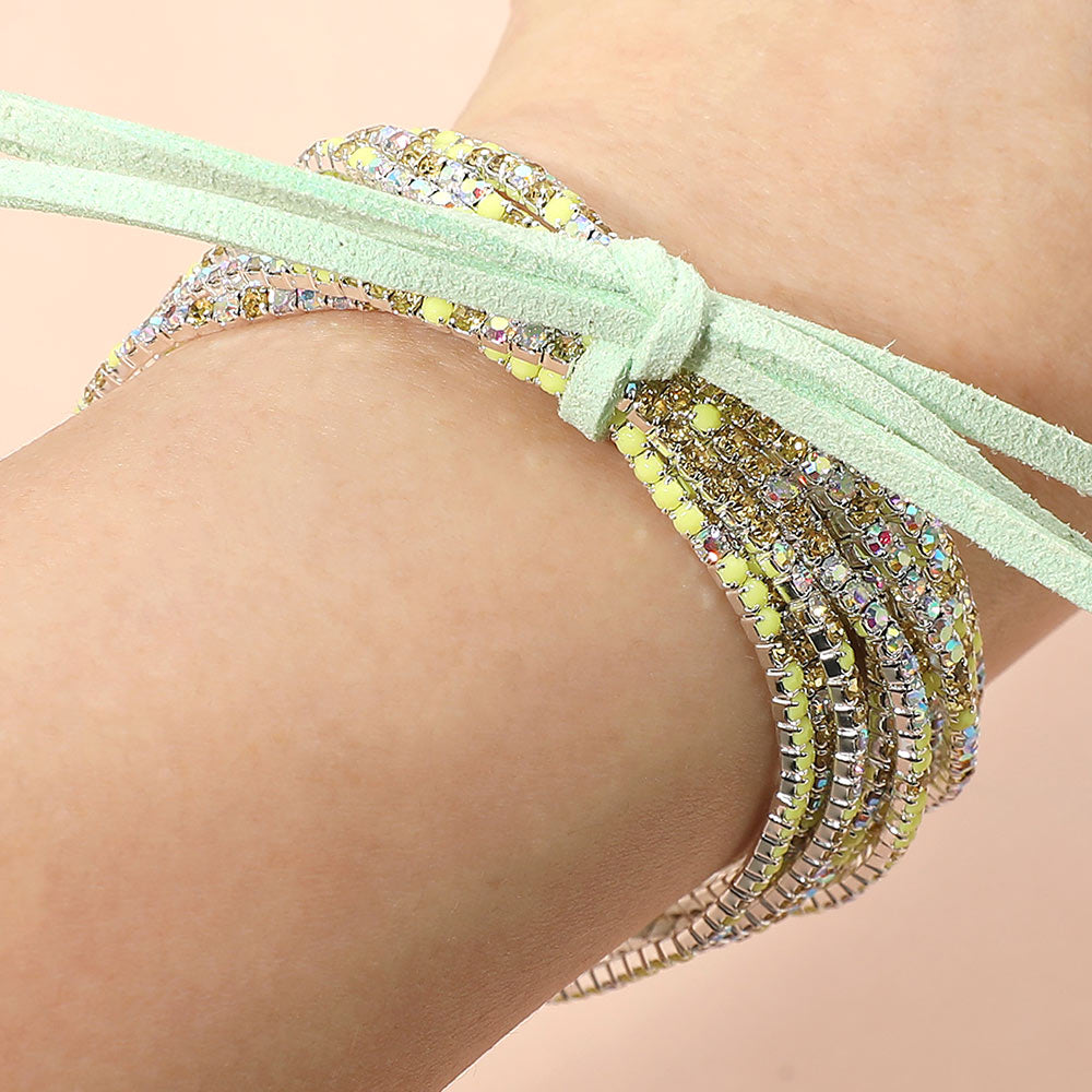 Madeline Love Neon, Silver, Yellow Ribbon Colorful Rhinestone Layered Stretch Bracelets