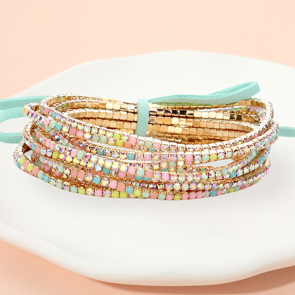 Madeline Love AB, Gold, Mint Ribbon Colorful Rhinestone Layered Stretch Bracelets