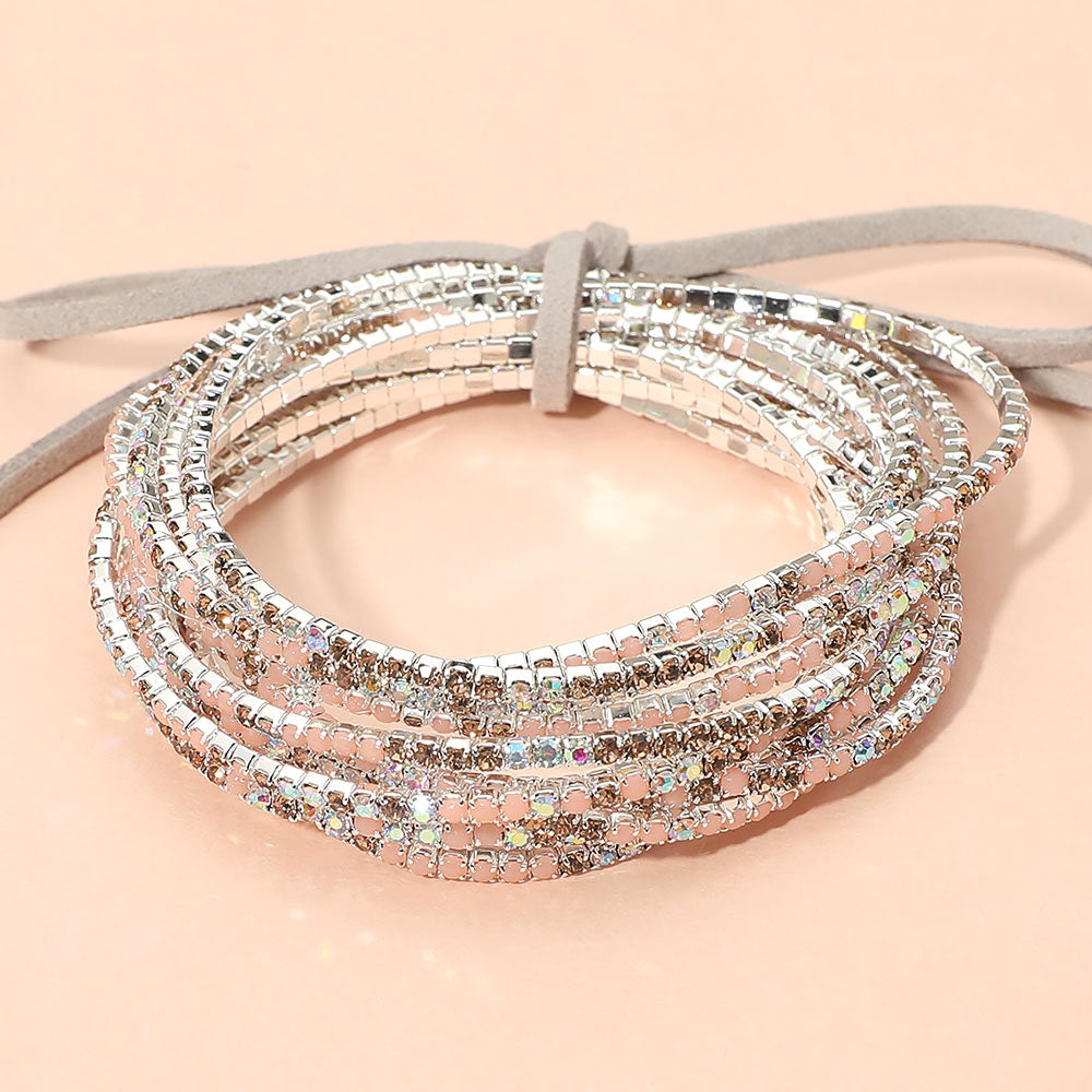 Madeline Love Brown, Dust Pink, Silver Ribbon Colorful Rhinestone Layered Stretch Bracelets