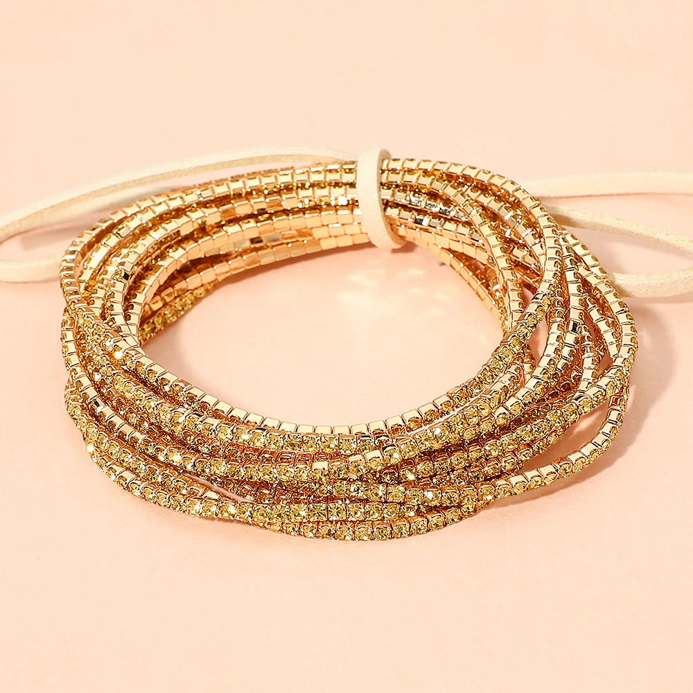 Madeline Love Gold Ribbon Colorful Rhinestone Layered Stretch Bracelets