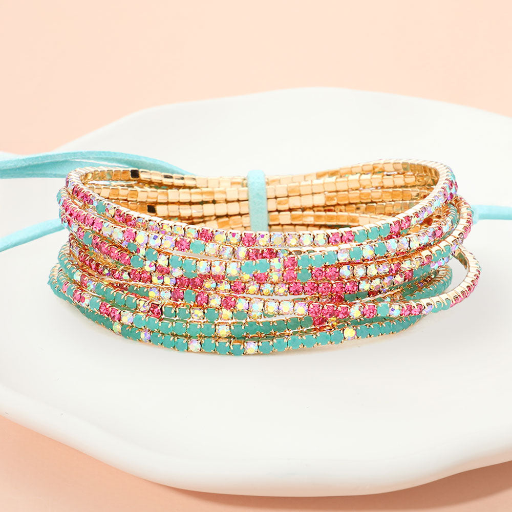 Madeline Love Gold, Pink, Turquoise Ribbon Colorful Rhinestone Layered Stretch Bracelets