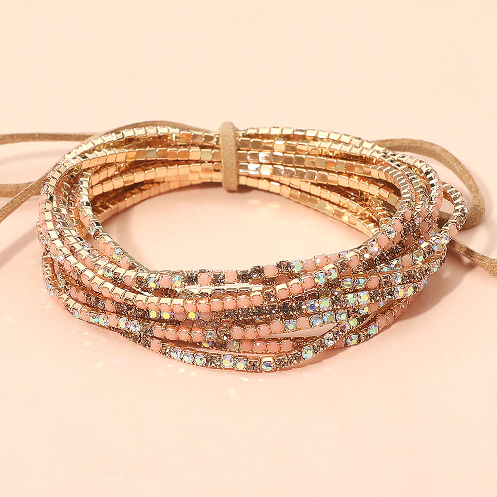 Madeline Love Gold, Peach Ribbon Colorful Rhinestone Layered Stretch Bracelets