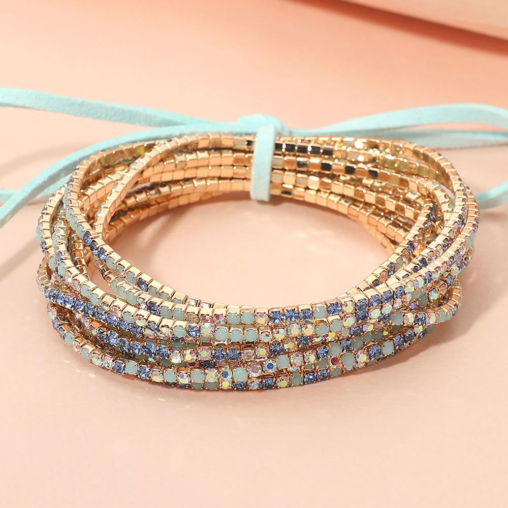 Madeline Love Blue, Gold, Red Ribbon Colorful Rhinestone Layered Stretch Bracelets
