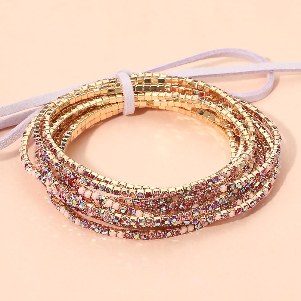 Madeline Love Fuchsia, Gold, Pink Ribbon Colorful Rhinestone Layered Stretch Bracelets