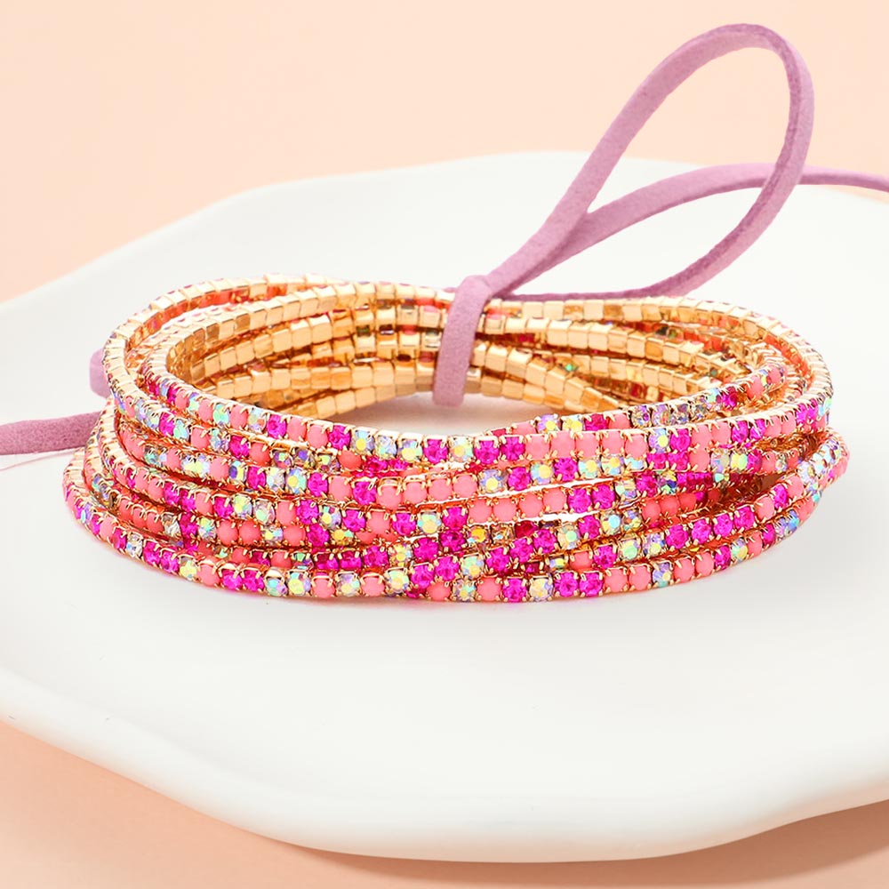Madeline Love Fuchsia, Gold Ribbon Colorful Rhinestone Layered Stretch Bracelets