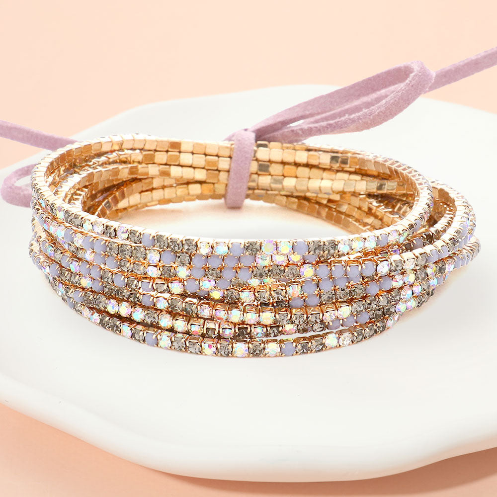 Madeline Love Lavender Ribbon Colorful Rhinestone Layered Stretch Bracelets