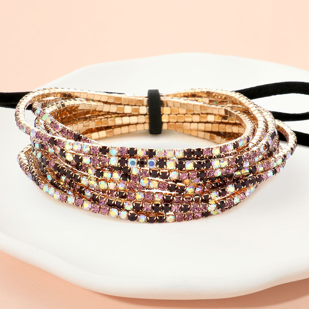 Madeline Love Purple Ribbon Colorful Rhinestone Layered Stretch Bracelets