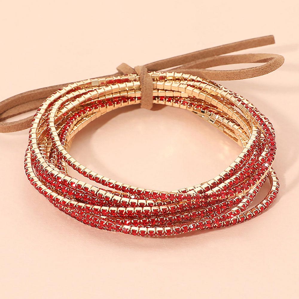 Madeline Love Gold, Red Ribbon Colorful Rhinestone Layered Stretch Bracelets