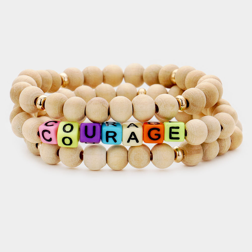 Madeline Love Multi, Neutral 3PCS - COURAGE Wood Ball Layered Stretch Bracelets