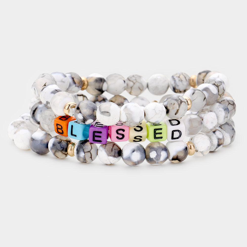 Madeline Love Gray, White 3PCS - Semi Precious Layered Stretch Bracelets
