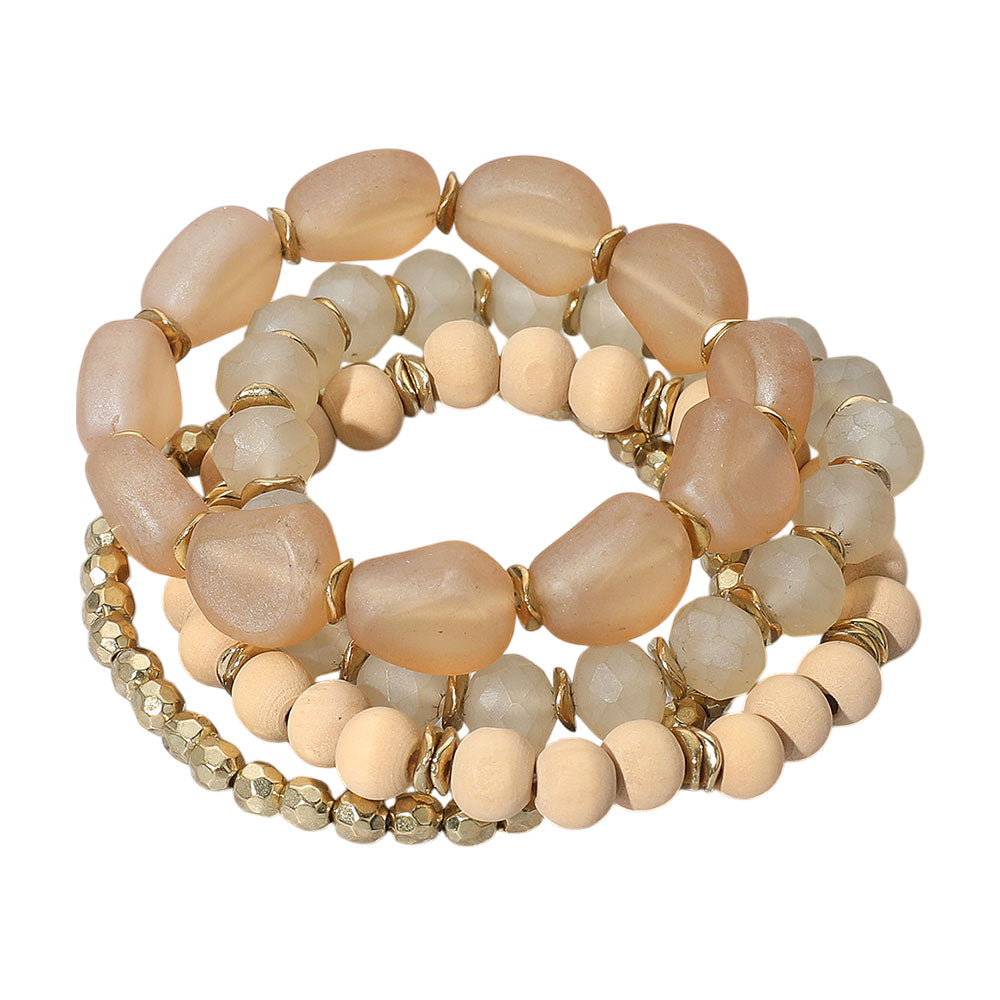 Madeline Love Neutral 4PCS - Wood Ball Multi Beaded Stretch Bracelets - extra