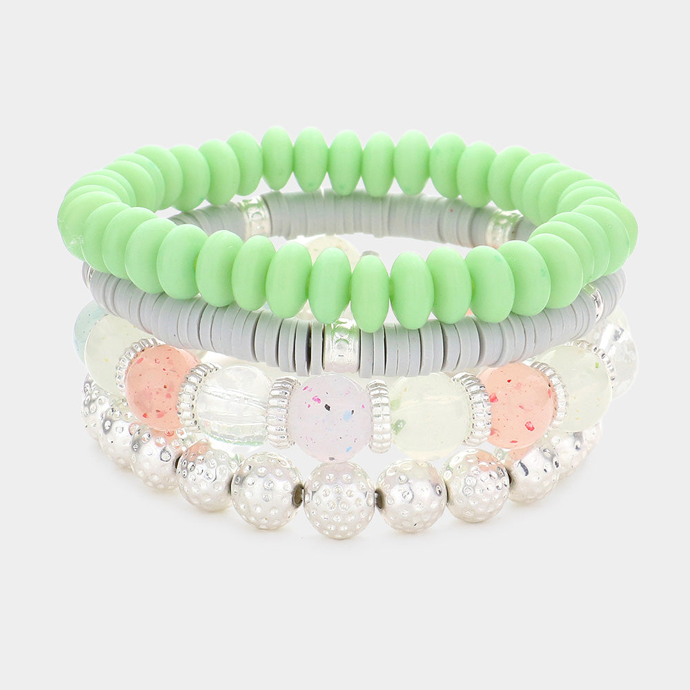 Madeline Love Mint 4PCS - Textured Metal Ball Heishi Beaded Stretch Bracelets