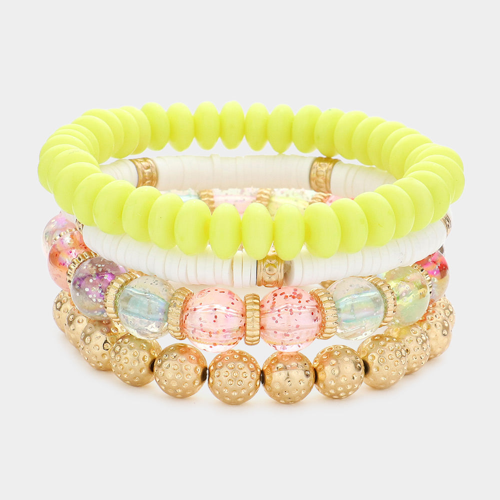 Madeline Love Yellow 4PCS - Textured Metal Ball Heishi Beaded Stretch Bracelets