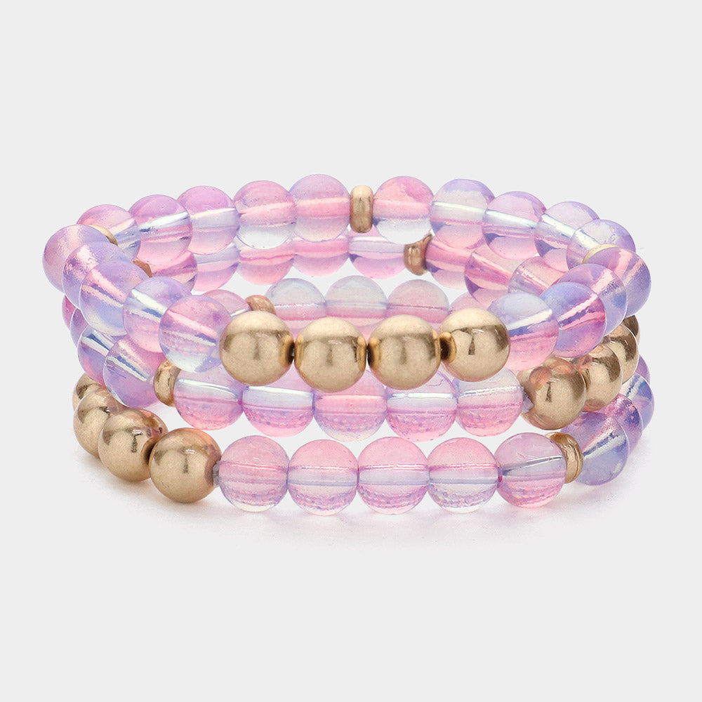 Madeline Love Blue, Pink 3PCS - Metal Ball Pointed Beaded Stretch Multi Layered Bracelets