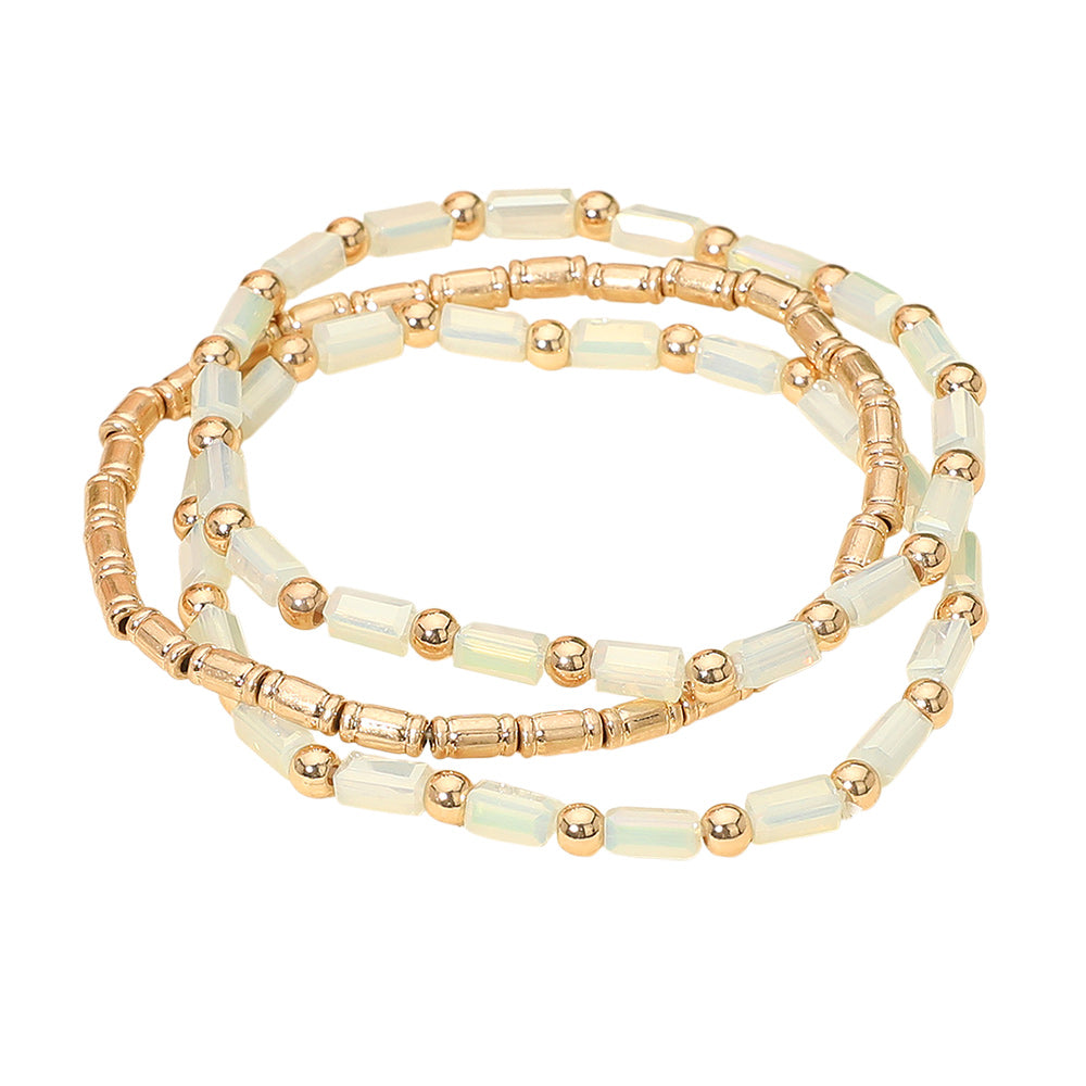 Madeline Love Cream 3PCS - Faceted Tube Beaded Stretch Multi Layered Bracelets - desc