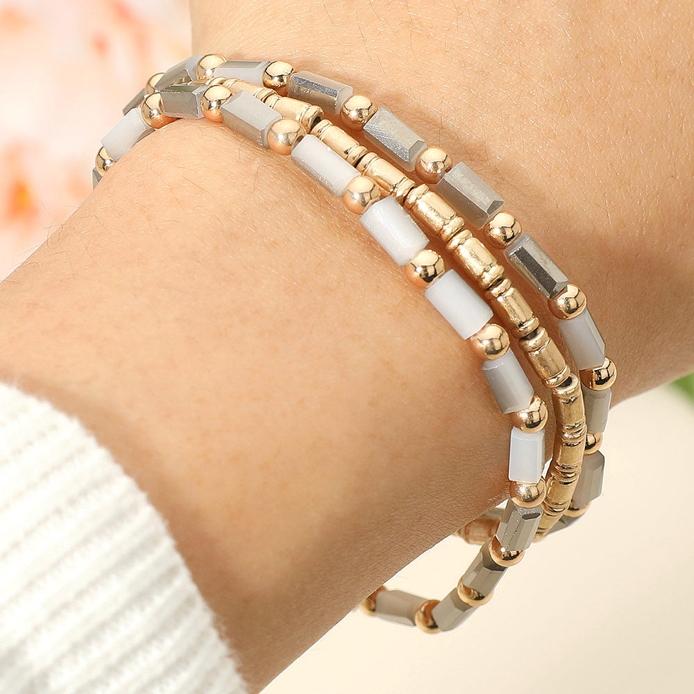 Madeline Love Gray, Light 3PCS - Faceted Tube Beaded Stretch Multi Layered Bracelets