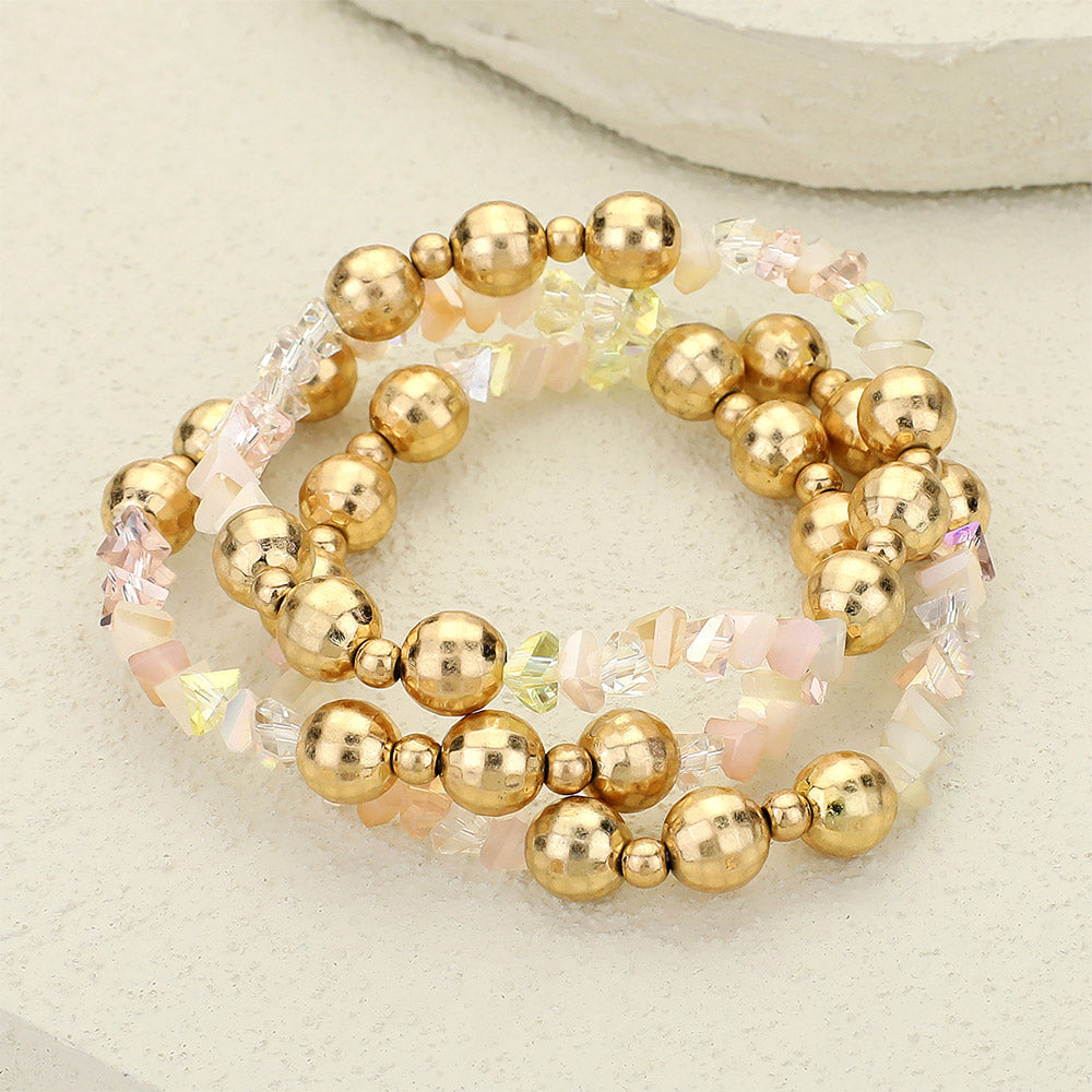 Madeline Love Gold, Pink 3PCS - Metal Ball Faceted Beaded Stretch Multi Layered Bracelets