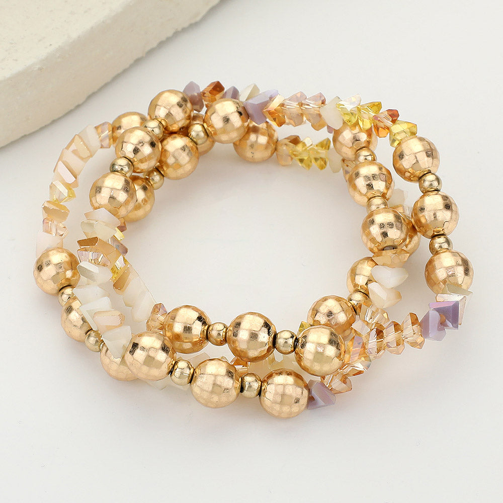 Madeline Love Gold, White 3PCS - Metal Ball Faceted Beaded Stretch Multi Layered Bracelets