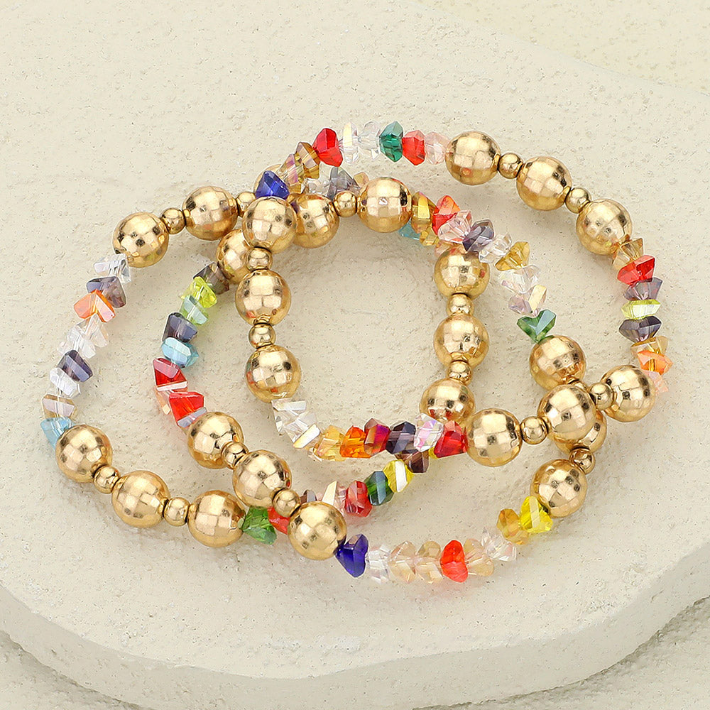 Madeline Love Gold, Multi 3PCS - Metal Ball Faceted Beaded Stretch Multi Layered Bracelets