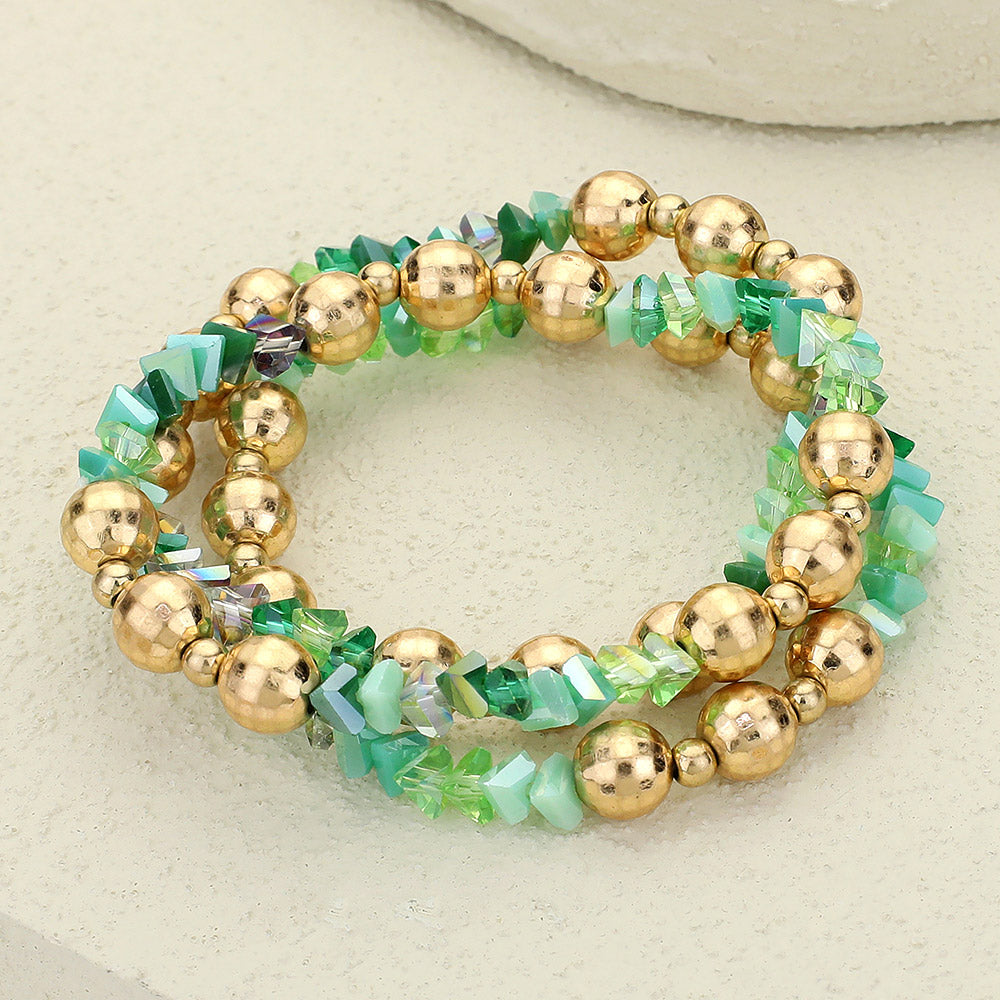 Madeline Love Gold, Green 3PCS - Metal Ball Faceted Beaded Stretch Multi Layered Bracelets