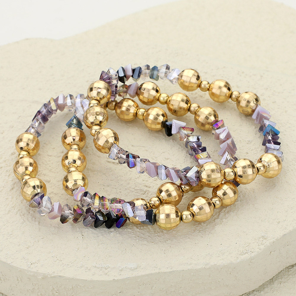 Madeline Love Gold, Purple 3PCS - Metal Ball Faceted Beaded Stretch Multi Layered Bracelets