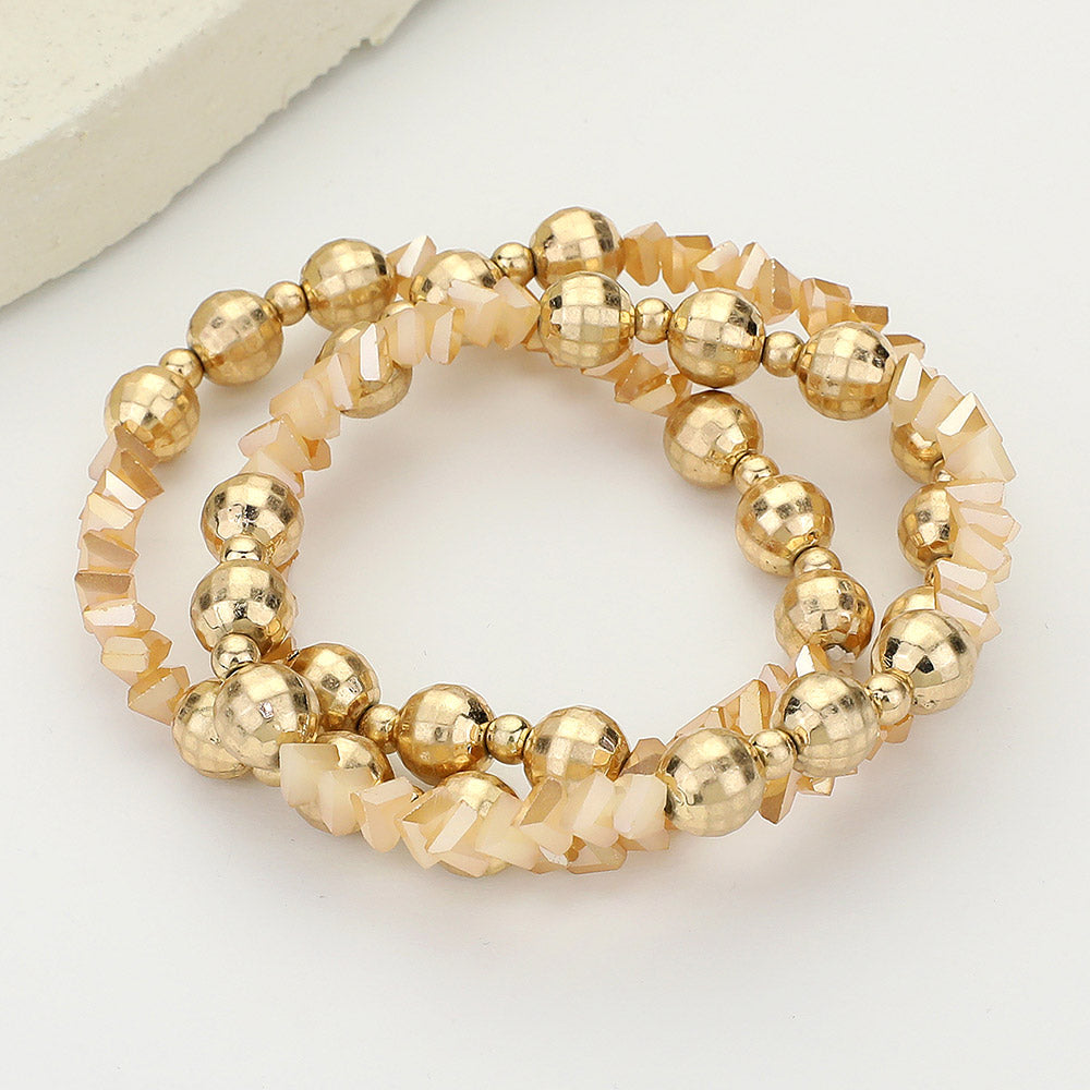 Madeline Love Aqua, Gold, Peach 3PCS - Metal Ball Faceted Beaded Stretch Multi Layered Bracelets