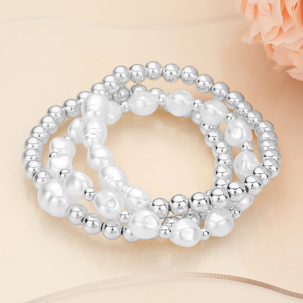 Madeline Love Cream, Rhodium 3PCS - Metal Pearl Ball Beaded Stretch Multi Layered Bracelets