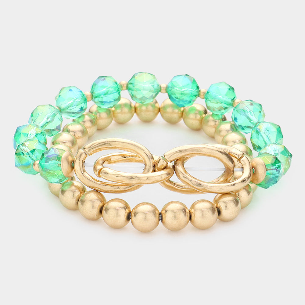Madeline Love Green 2PCS - Open Metal Oval Link Metal Ball Faceted Beaded Stretch Bracelets