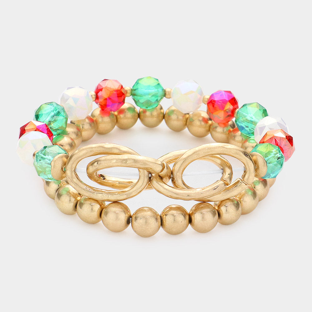 Madeline Love Multi 2PCS - Open Metal Oval Link Metal Ball Faceted Beaded Stretch Bracelets