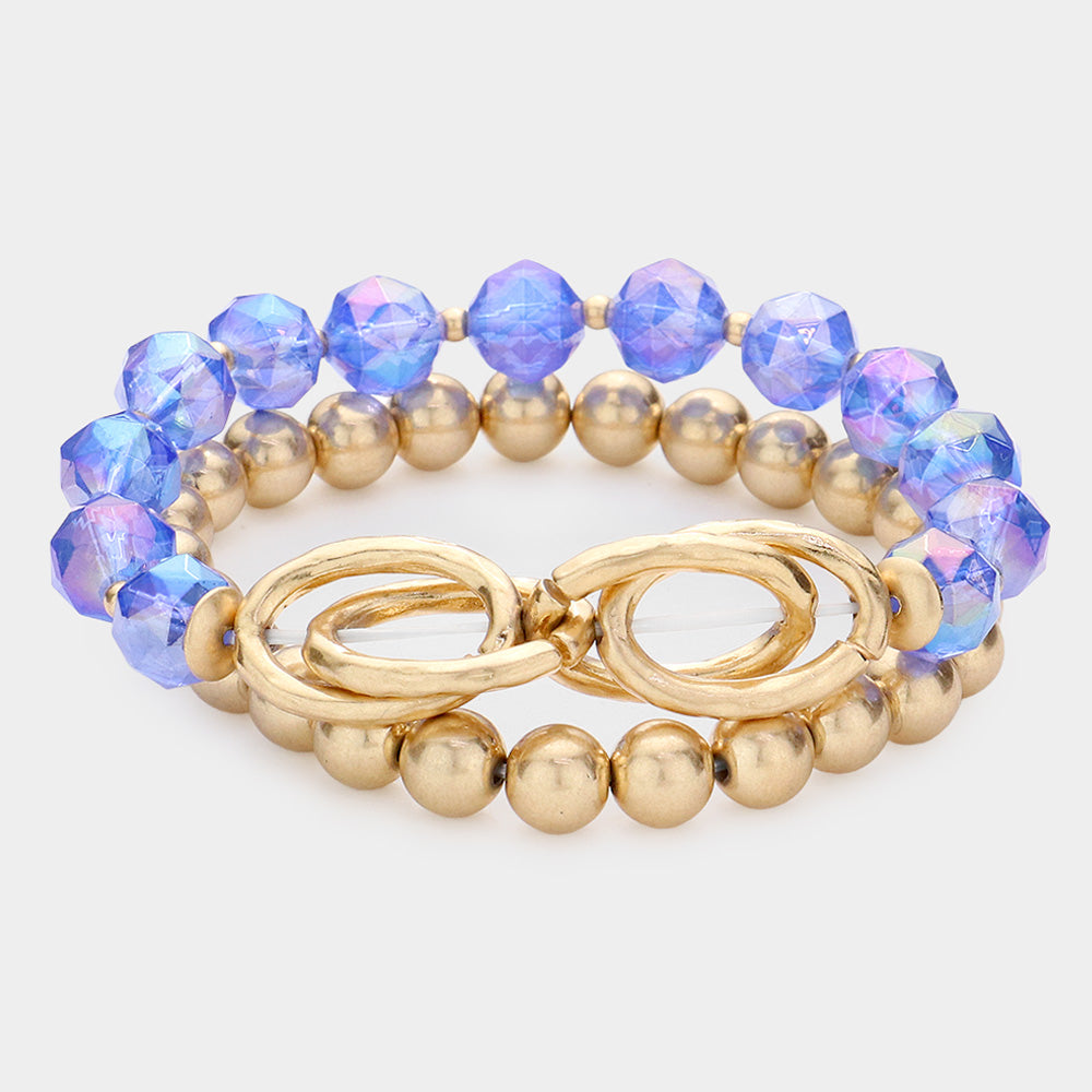 Madeline Love Royal Blue 2PCS - Open Metal Oval Link Metal Ball Faceted Beaded Stretch Bracelets
