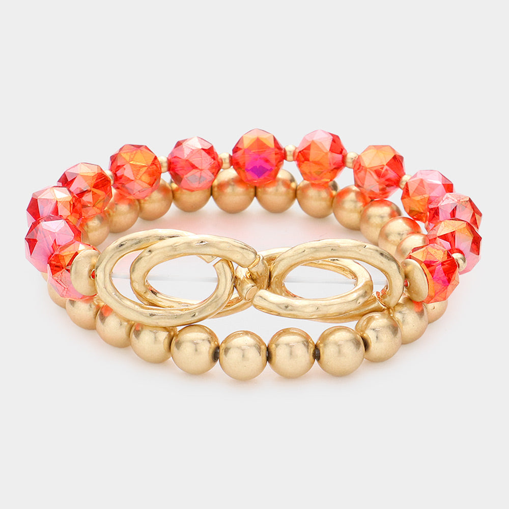 Madeline Love Red 2PCS - Open Metal Oval Link Metal Ball Faceted Beaded Stretch Bracelets