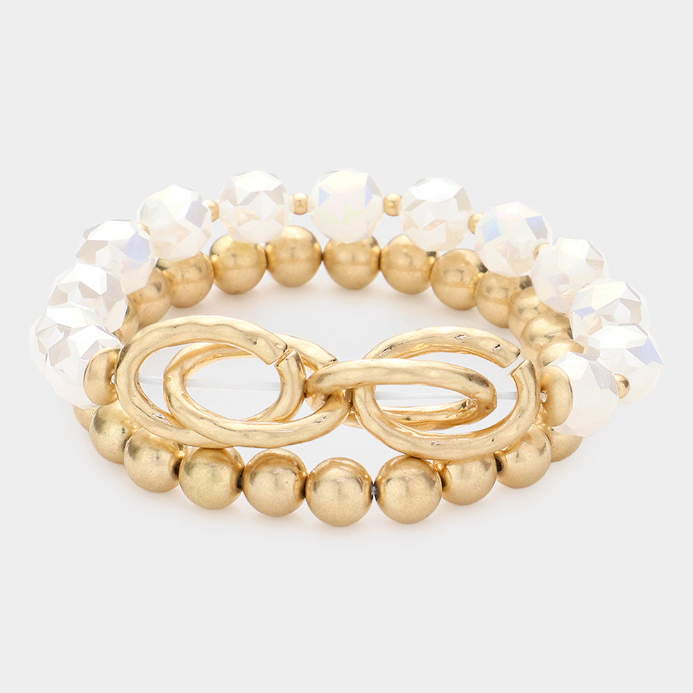 Madeline Love White 2PCS - Open Metal Oval Link Metal Ball Faceted Beaded Stretch Bracelets