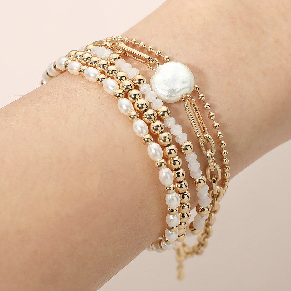 Madeline Love Cream, Gold Pearl Disc Accent Link Chain Metal Ball Pearl Beaded Stretch Multi Layered Bracelets