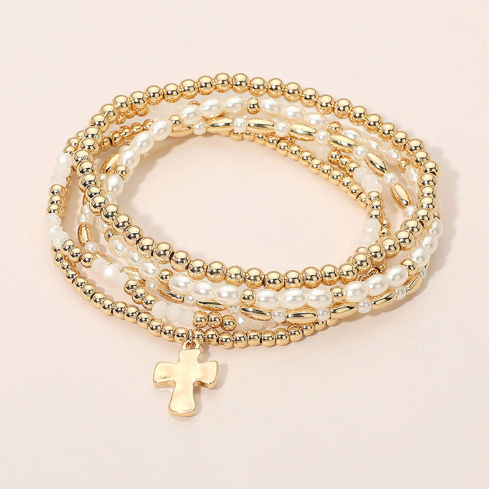 Madeline Love Cream, Gold Cross Charm Pearl Metal Ball Faceted Beaded Stretch Multi Layered Bracelets