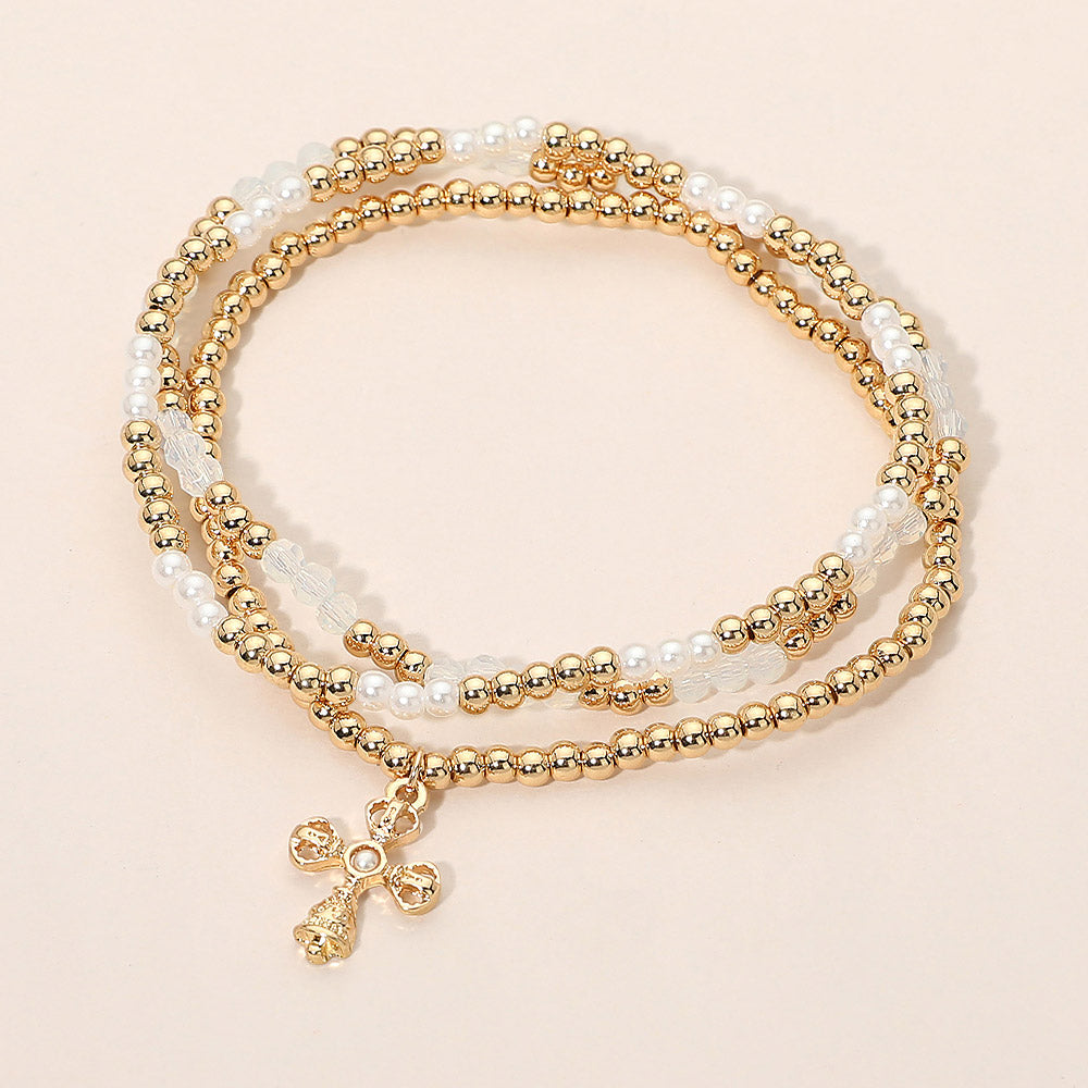 Madeline Love Gold, Opal Cross Charm Metal Ball Pearl Faceted Beaded Stretch Multi Layered Bracelets