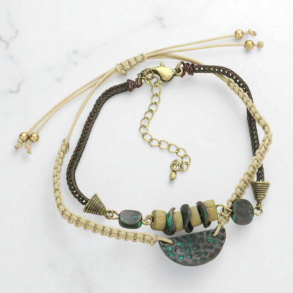 Madeline Love Neutral, Patina Verdigris hammered metal disc cinch bracelets