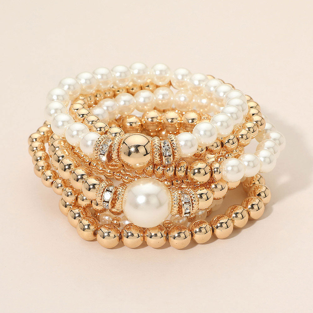 Madeline Love Gold Pearl Metal Ball Beaded Stretch Multi Layered Bracelets